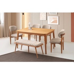 Resim Ahşap Salon Yemek Masa Sandalye Takımı Ortadan Açılır Büyüyen 4 Sandalye 1 Bench 