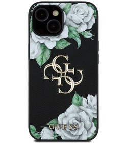 Resim İphone Uyumlu 15 Kılıf Guess Lisanslı Gül Baskılı Büyük Metal Logo Dizaynlı Kapak Siyah 