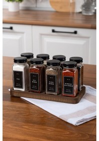 Resim Mienda Home 8'li Ahşap Standlı Cam Baharatlık Seti Siyah Kapaklı Etiketli Baharatlık Mh01syh08 Siyah - Şeffaf 