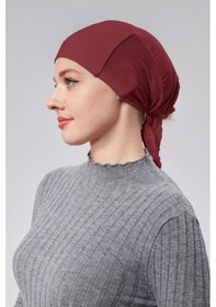Resim Sonbaharmoda Kadın Tesettür Likralı Penye Dikişsiz Kaymaz Düz Bağlamalı Bone Bordo 