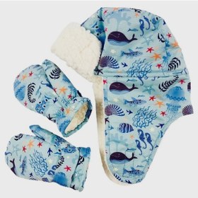 Resim Petityu Su Geçirmez Kız Çocuk Bere Eldiven Set 2-4 Yaş Kayak Snowboard Mavi Deniz Canlıları Mavi 