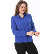 Resim Kadın Büyük Beden Fujya Gizli Pat Ön Düğmeli Bluz 65n38019-saks Saks 