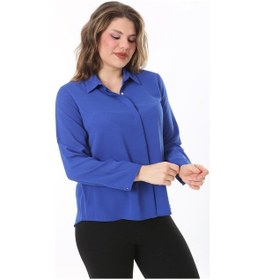 Resim Kadın Büyük Beden Fujya Gizli Pat Ön Düğmeli Bluz 65n38019-saks Saks 