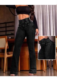 Resim Kadın Yüksek Bel Yanları Lastik Önü Düğmeli Kot Pantolon Mavi 