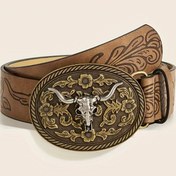 Resim 1 adet Kadın Vintage Çiçekli İnek Başlıklı Tokalı Kemer - Batı Tarzı, Altın Tonlu Donanım, Rahat ve Resmi Durumlar İçin Çok Yönlü, Plaj Aksesuarı | Vintage Cowboy Kemer | Bel 