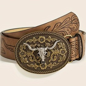 Resim 1 adet Kadın Vintage Çiçekli İnek Başlıklı Tokalı Kemer - Batı Tarzı, Altın Tonlu Donanım, Rahat ve Resmi Durumlar İçin Çok Yönlü, Plaj Aksesuarı | Vintage Cowboy Kemer | Bel 