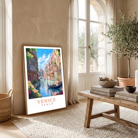 Resim Venice Italy Travel Poster - Vintage Canal Gondola Romance Print - Wooden Frame - Natural / 8,3 x 11,7" (21x30) 