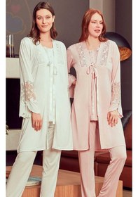 Resim Bone Club 4906 PUDRA Hamile Lohusa 3 Lü Dantel Kollu Pijama Sabahlık 