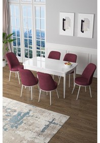 Resim Canisa Zen Serisi 80x132 Mdf Açılabilir Beyaz Masa Takımı Ve 6 Bordo Sandalye Masa Beyaz Sandalyeler Bordo 