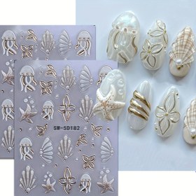 Resim 2 adet Kabartmalı Denizanası Tırnak Sanatı Çıkartmaları 5D Kazınmış Denizyıldızı Kabuk Okyanus Serisi Kaydırıcılar Altın Çiçek Etiketleri Manikür İpuçları 