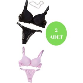 Resim Tılsım Lingerie Murays Kadın 2 Li Taşlı Sütyen Takım Siyah - Pembe 