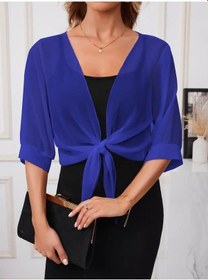 Resim Kadın Truvakar Kol Önden Bağlamalı Kısa Şifon Bolero Ceket Mavi 