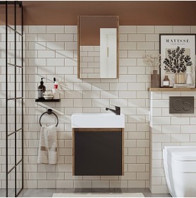 Resim ROOMART Ayaksız Tek Kapaklı Lavabolu 50 Cm Banyo Dolabı+aynalı Üst Dolabı 