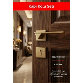 Resim Zeraf Ev Larua Kare Rozetli Alüminyum Kapı Kolu Oda Wc Lavabo Uyumlu Kapı Kolu Mat Altın 