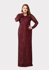 Resim Lilas Xxl Büyük Beden Bordo Renkli Payetli Likralı Uzun Abiye Bordo 