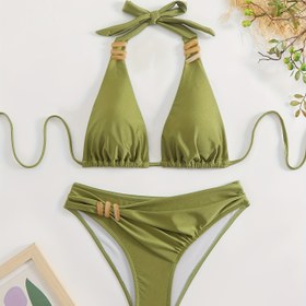 Resim Kadınlar için şık düz renkli askılı bikini takımı, yüksek esneklikli kumaş, bağcıklı detay ve dekoratif aksesuarlarla birlikte 