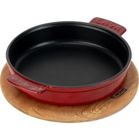 Resim Lava Döküm Yuvarlak Güveç Kabı Döküm Demir Yekpare Çift Kulplu Kayın Servis Ahşabı Çap Ø 17cm.-bordo Bordo 