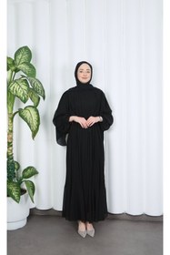 Resim HNT Hayrunnisa Tesettür Boydan Piliseli Kuşaklı Şifon Elbise Siyah HNT8575 