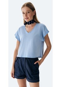 Resim Ltb Nomaka Kadın V Yaka Oversize Yıkamalı Kısa Kol T-shırt 12248001160016-8754 