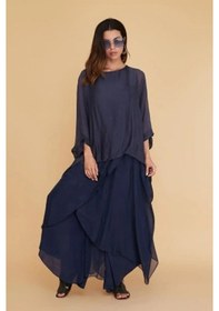 Resim Kadın Asimetrik Kapaklı Ipek Şalvar Pantolon-8775 Koyu Lacivert 