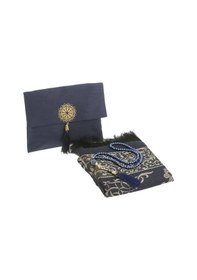 Resim Şantuk Keseli Tafta Seccade Ve İnci Vavlı Tesbih Set , Taşınabilir Namaz Seti Lacivert 