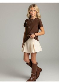 Resim Zekids Kız Çocuk Yazı Baskılı Basic T-shirt-16924 Kahverengi 