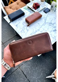 Resim Tigan Unisex Antik Kahve Çift Fermuarlı Hakiki Deri Telefon Cüzdanı El Çantası Kahverengi 
