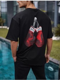 Resim Modi Green Baskılı Unisex Günlük Stil Siyah Geometrik Hatlı Oversize Tişört 