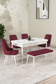 Resim GadaHome Niza Serisi, 80x130 Açılabilir Mdf Beyaz Mermer Mutfak Masa Takımı, 4 Sandalye, 1 Bench 