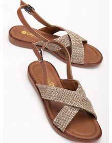 Resim Kadın Düz Topuklu Sandalet Vizon Hasır Çapraz Bantlı-3836 Vizon 