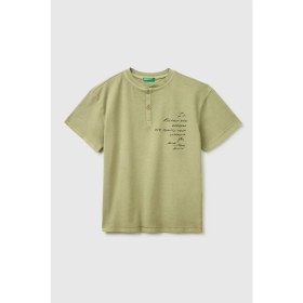 Resim United Colors Of Benetton Erkek Çocuk Haki Baskı Detaylı Düğmeli Yuvarlak Yaka T-Shirt 6-14 Yaş 