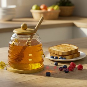 Resim Arı Figürlü Cam Bal Kavanozu - Kaşıklı Dekoratif Bal Kavanozu 350 ml 