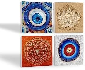 Resim Nazar, Lotus Çiçeği, Sri Yantra Taş Bardak Altlığı Seti - 4 Parça - Dekoratif, Rustik Mutfak Aksesuarı, 10x10 cm, Kaydırmaz Tabanlı, Şık ve Dayanıklı SC386 