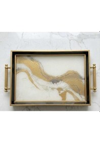Resim Modern Lüks Desenli Dekoratif Tepsi & Siyah Gold Çerceveli Kulplu Çay Kahve Sunum Tepsisi 