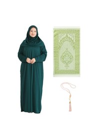 Resim Namaz Elbisesi Eşarp Seccade Tesbih Set, İslami Giyim Takım Ferace Turban Şal Zümrüt Yeşili 