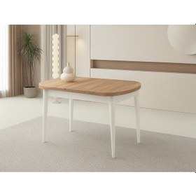 Resim Ortadan Açılır Ahşap Yemek Masası Gizli Kaşıklık Bölmeli 80cm X 140cm Diş Budak-beyaz Meşe 