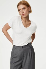 Resim CHEISU Kadın Beyaz Kısa Kol V Yaka Basic T-shirt %100 Pamuk Süprem 