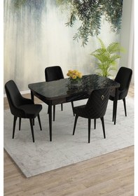 Resim Meri Serisi 80x132 Açılabilir Mdf Siyah Mermer Desen Masa Takımı 4 Lacivert Sandalye Siyah 