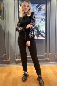 Resim RICH GLAM Kolları Crystal Taşlı Ince Rahat Pamuk Fermuarlı Siyah Şık Kadın Eşofman Takımı 