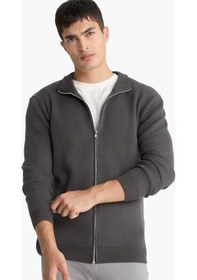 Resim DeFacto Standart Fit Normal Kesim Dik Yaka Fermuarlı Triko Hırka C8158AX24AUGR308 Gri 