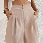 Resim Kadınlar için Yüksek Bel Günlük Şortlar Eğimli Cepli, Düğme Kapatmalı ve Pilili Detaylı - Düz Kahverengi, Polyester, Makinede Yıkanabilir, Her Mevsim Rahatlık, Tüm Sezon Şortları | Rahat Kesim Şortlar | Pürüzsüz Dokulu Şortlar, Yüksek Bel Şortlar 