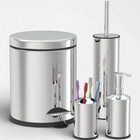 Resim Paslanmaz 5 Lt Çöp Kovası Klozet Fırçası Diş Fırçaslık Sıvı Sabunluk Banyo Seti Parlak 