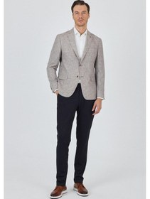 Resim İmza Kazayağı Desen Bez Ayağı Mono Yaka Yarım Astar Keten Karışımlı 6 Drop Slim Fit Ceket 1002250102 Bej 