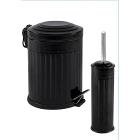 Resim Depposite Vintage 2 Li Çöp Kovası Çöp Kutusu Banyo Seti Çizgili Model Siyah 5 Litre ve Wc Fırçası Seti 