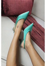 Resim 10 44 Topukla Kadın Arkası Açık Kadeh Topuklu Stiletto Abiye Ayakkabı Yeşil Saten 