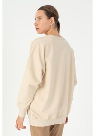 Resim Maraton Oversize Kadın Bisiklet Yaka Bej- Sweatshirt Bej- 