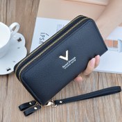 Resim Kadın Moda Sikke Cüzdanı çift fermuar ve çoklu kart yuvaları ile | Büyük Kapasite | Günlük Tarz | Siyah PVC Malzeme, Naylon Astar, Fermuar Kapanışı, Şehir Teması, Günlük Tarz Cüzdan | Minimalist Tasarım | Dayanıklı Fermuar Kapanışı, Büyük Kapasiteli Cüzdan 