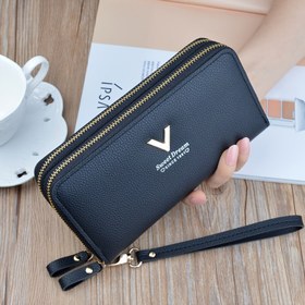Resim Kadın Moda Sikke Cüzdanı çift fermuar ve çoklu kart yuvaları ile | Büyük Kapasite | Günlük Tarz | Siyah PVC Malzeme, Naylon Astar, Fermuar Kapanışı, Şehir Teması, Günlük Tarz Cüzdan | Minimalist Tasarım | Dayanıklı Fermuar Kapanışı, Büyük Kapasiteli Cüzdan 