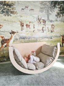 Resim Sallanan Çocuk Yatağı Minderli Bebek Yer Yatağı Fonksiyonel Ahşap 