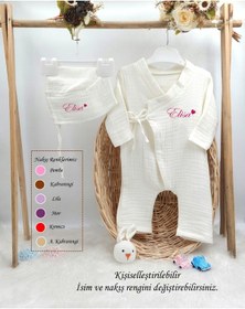 Resim Gros Shop Müslin 2'li Kimono Bağcıklı Tulum %100 Pamuk Organik Kişiye Özgü İsimli Nakış Desenli Fuşya 